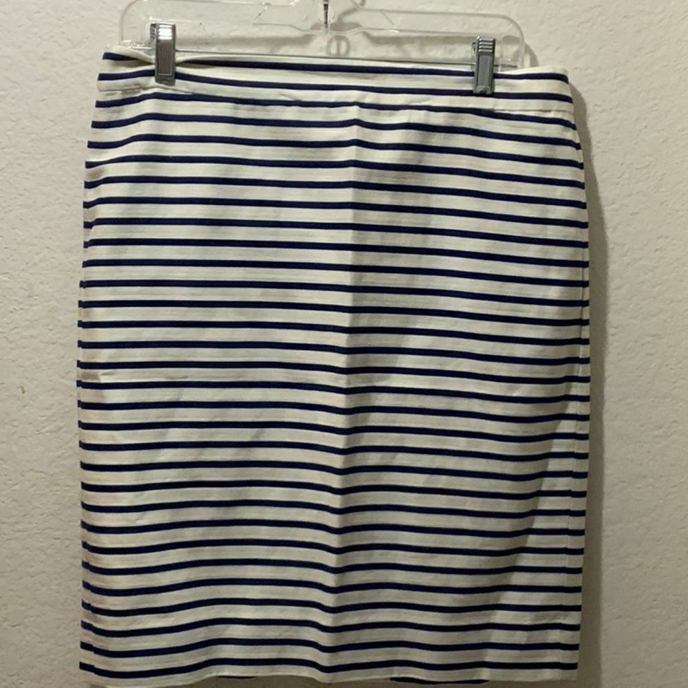 J. Crew Size 10 Pencil Skirt Blue White Striped Lined Straight Knee Leng…